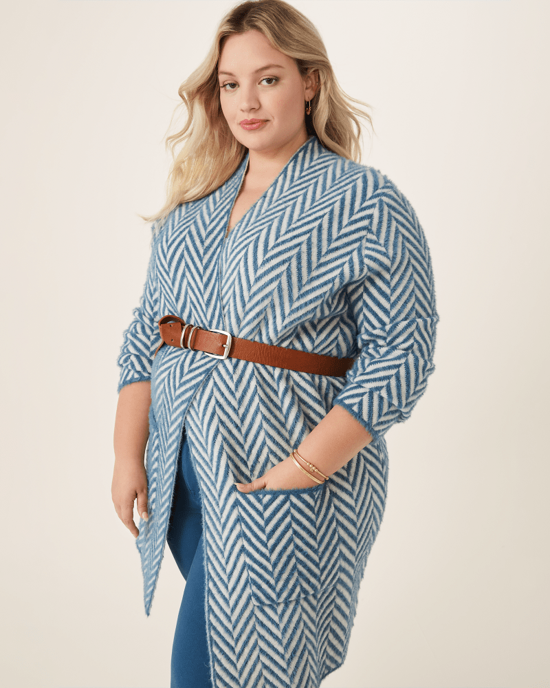 Front of plus size Lucy Herringbone Knit Cardigan by Love Token | Dia&Co | dia_product_style_image_id:175560